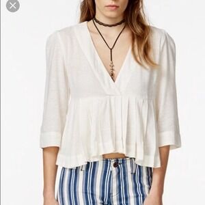 Free People Pleats On Me Cropped Swing Surplice Blouse Top White Ivory Peplum M